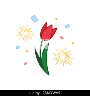 Handgezeichnete Tulpenblumen-Ikone mit Konfetti und Feuerwerk. Vektordarstellung im Pudelstil. Valentinsgeschenk, Geschenk. Design-Symbol, Druck, Logo, Stock Vektor