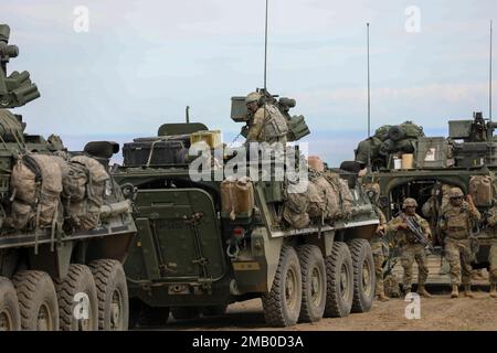 USA Soldaten des 2. Stryker Brigade-Kampfteams, 7. Infanteriedivision bereiten sich vor, eine Blankofeuer-Bewegung zu starten, um mit Stryker-Kampffahrzeugen am Yakima Training Center am 8. Juni 2022 Kontakt aufzunehmen. Operation Lancer Scorch, die vom 20. Mai bis zum 16. Juni 2022 lief, bot dem SBCT 2-2 die Gelegenheit, sich auf die Letalität seiner Infanteriefirma zu konzentrieren, indem Ingenieure, Kavallerie, elektronische Kriegsführung und andere Ressourcen vollständig integriert wurden. Stockfoto