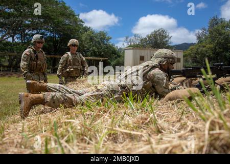 Von links nach rechts, Sergeant Major James Cook, USA Amy Pacific's 2022. Nicht kommissionierter Offizier für den Wettbewerb der Besten Krieger, Und Kommandoleiter Major Scott A. Brzak, USARPAC Kommandosergeant Major, beobachten PFC Nolan Murray, ein Knotennetzwerkbetreiber und -Betreuer der 8. Armee, feuert ein M240B-Maschinengewehr auf das auf mehreren Waffen basierende Schießmanöver-Event während des Wettbewerbs in Schofield Barracks, Hawaii, am 8. Juni 2022 ab. Das USARPAC BWC 2022 ist ein einwöchiger jährlicher Wettbewerb, an dem Wettbewerber aus mehreren USARPAC-Einheiten im Indo-Pacific teilnehmen. Die Unkommissionierten Stockfoto