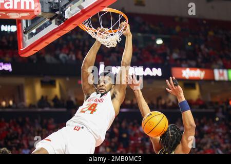 College Park, Maryland, USA. 19. Januar 2023. Maryland Terrapins Forward DONTA SCOTT dunkelt den Ball. Die Maryland Terrapins waren Gastgeber der Michigan Wolverines im XFINITY Center. (Kreditbild: © Nick Piacente/ZUMA Press Wire) NUR REDAKTIONELLE VERWENDUNG! Nicht für den kommerziellen GEBRAUCH! Stockfoto