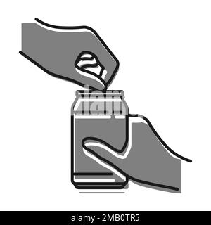 Linear gefüllt mit grauem Symbol, Aluminiumdose für Erfrischungsgetränke mit der Hand zu öffnen. Cocktails Und Limonade Im Glas Lagern. Einfacher schwarz-weißer Vektor isoliert Stock Vektor