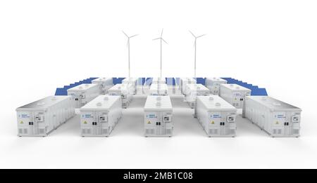3D Menge der Energiespeichersysteme oder Batteriecontainereinheiten mit Solar- und Turbinenbetrieb Stockfoto