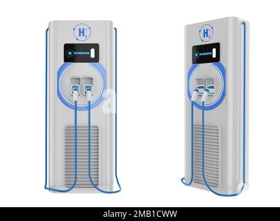 3D-Rendering-EV-Wasserstoff-Ladestation oder Ladestation für Elektrofahrzeuge, auf weiß isoliert Stockfoto