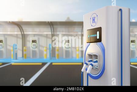 3D-Rendering-EV-Wasserstoffladestation oder Ladestation für Elektrofahrzeuge für umweltfreundliche Energie Stockfoto