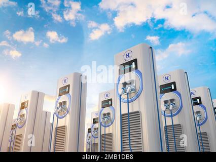 3D-Rendering-Gruppe von EV-Wasserstoff-Ladestationen oder Ladestationen für Elektrofahrzeuge für grüne Energie Stockfoto