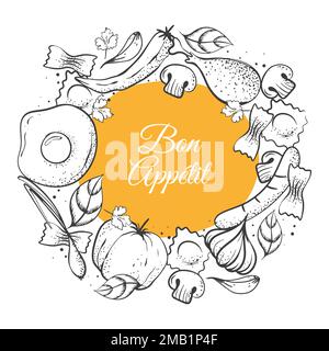 Essenshintergrund und Inschrift Bon Appetit Stock Vektor