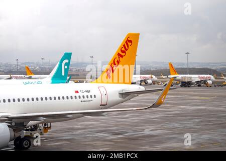 ISTANBUL - JAN 13: Flugzeuge mit Pegasus-Flugzeuglogos am Sabiha Gokcen Airport in Istanbul, am 13. Januar. 2023 in der Türkei Stockfoto