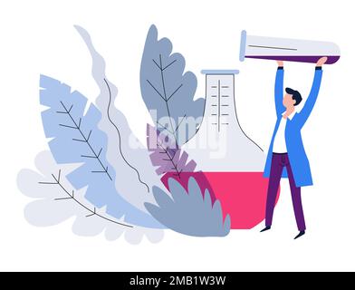 Laborausrüstung und Wissenschaftler mit chemischen Kolben Genetik Experimentieren Vektor Mikrobiologie und Chemie Substanz oder Reagenz Experiment oder Testdurchführung Stock Vektor