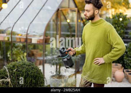 Guy schneidet einen runden Busch mit einer Schere Stockfoto