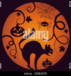 Herbstdarstellung mit schwarzer Katze und Spinne auf abgestuftem Hintergrund für Halloween-Dekoration Stock Vektor