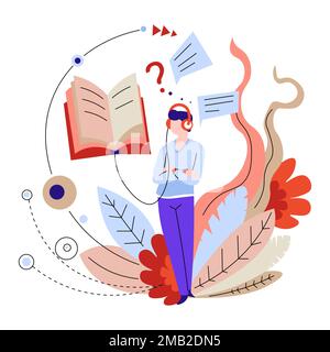 Hörbücher oder Lehrbücher Hören Online-Bildung und Fernlernvektor in Kopfhörern oder Kopfhörern Studieren der Internetbibliothek und Schallplatten pl Stock Vektor