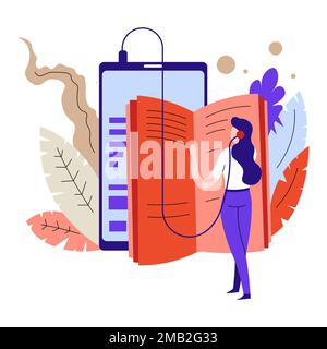 Hörbücher oder Lehrbücher, die Online-Bildung und Fernlernvektorin anhören Frau mit Kopfhörern oder Kopfhörern, die Tablet oder de in der Internetbibliothek studiert Stock Vektor