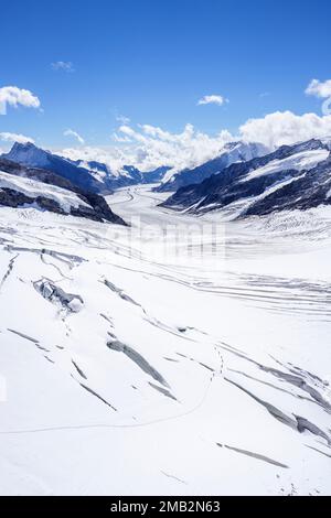 Blick über den Aletsch-Gletscher vom Jungfraujoch, den Berner Alpen, der Schweiz, Europa Stockfoto