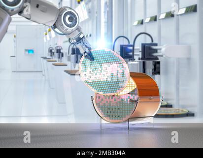 Halbleiterfertigung mit 3D gerenderten Roboterarmen mit Silizium-Wafern Stockfoto