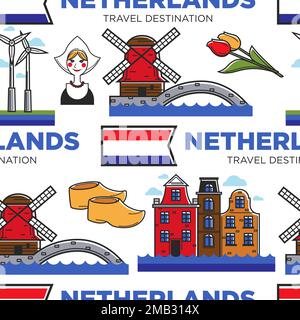 Niederlande oder Holland Symbole nahtlose Musterreisen Stock Vektor