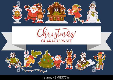 Weihnachtsfiguren Santa Clause Tiere und Elfen Schneemann Stock Vektor