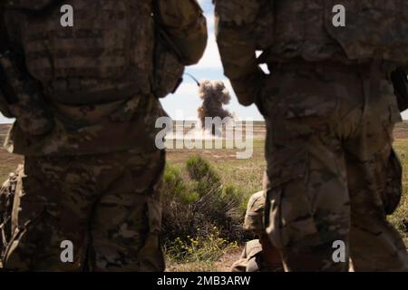 Kampftechniker mit der 833. Engineer Company der Iowa National Guard aus Ottumwa, Iowa, beobachten am 10. Juni 2022 im Orchard Combat Training Center in Idaho aus sicherer Entfernung eine Explosion auf einem Abbruchgelände. Die Soldaten reisten nach Idaho, um an einer exportablen Übung zur Kampfausbildung, oder XCTC, teilzunehmen, die Western Strike genannt wird. Ziel der Übung war es, die Kampfbereitschaft und die Letalität der Einheit zu erhöhen. Stockfoto