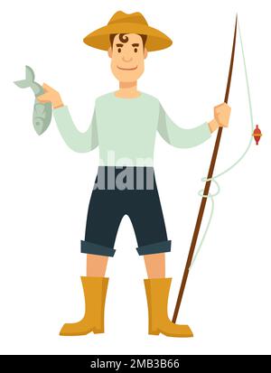 Fischer mit Angelrute und Fisch im Hut und Gummistiefel Stock Vektor