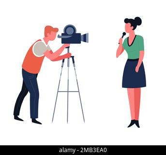 Fernsehsendungen von Journalisten und Kameramännern oder Dreharbeiten in Nachrichtensendungen oder -Filmen Stock Vektor