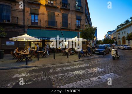 Blick auf die Terrasse mit Sitzplätzen im Triana Neighborhood, Sevilla, Spanien, Europa. Stockfoto