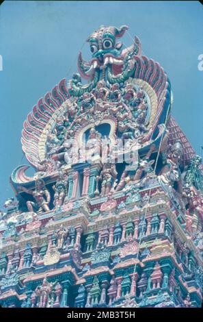 Der Arulmigu Meenakshi Sundaraswarar Tempel ist ein historischer Hindu-Tempel am Südufer des Flusses Vaigai in der Tempelstadt Madurai, Tamil Nadu, Indien. Es ist der Göttin Meenakshi gewidmet, einer Form von Shakti, und ihrem Gemahl, Sundareshwarar, einer Form von Shiva. Madurai Meenakshi Sundareswarar Tempel wurde von Pandayan Kaiser Sadayavarman Kulasekaran 1190 erbaut. Die beliebteste Tatsache am Tempel ist, dass es hier einen Saal mit tausend Säulen gibt, einen heiligen Pool mit einem goldenen Lotus, wo man ein rituelles Bad nehmen kann, einen Hochzeitssaal, Kleine Schreine, Gärten und Elefantenköpfe. Stockfoto