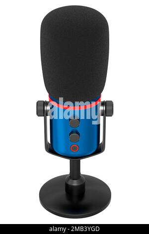 3D-Wiedergabe des blauen Kondensatormikrofons in Studio, isoliert auf Weiß Hintergrund Stockfoto