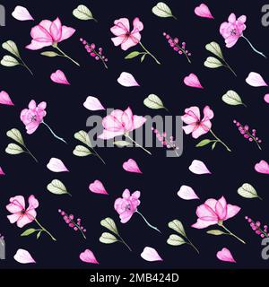 Pink Flowers Wasserfarben Nahtloses Muster. Handgezeichnete Illustration. Stockfoto