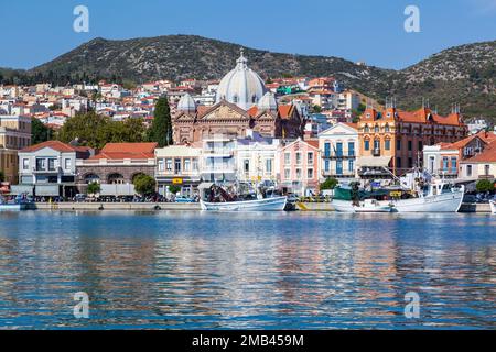 Mytilene Stadt, die Hauptstadt der Insel Lesvos, eine Stadt voller neoklassischer Villen und Touristenattraktionen, auch Hauptstadt der nördlichen Ägäischen Inseln. Stockfoto