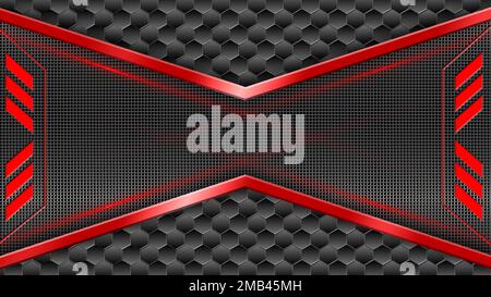 Abstrakter futuristischer schwarzer und roter Hintergrund mit modernen Formen auf grauem sechseckigem Mesh – 3D Illustration Stockfoto