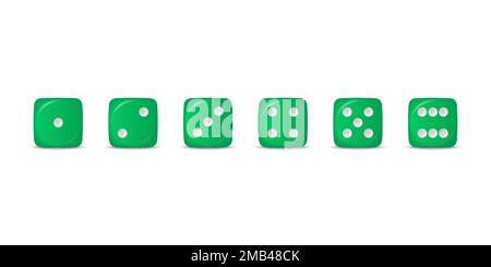 Vector 3D realistisches grünes Spiel Würfel-Symbol auf weißen Hintergrund isolierte Nahaufnahme. Spielwürfel für Glücksspiel, Spielkasino Würfel von 1 bis 6 Punkten, Runde Stock Vektor
