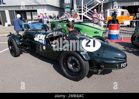 Dreiviertel Rückansicht von Alan Middletons Aston Martin Speed „Red Dragon“ im National Paddock, vor dem Start des „BRDC 500“ Stockfoto