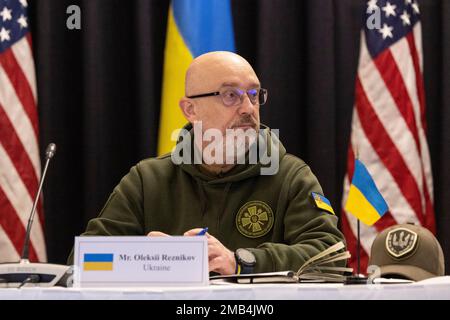 Ramstein, Deutschland. 20. Januar 2023. Ukrainischer Verteidigungsminister Olexiy Resnikov auf der Konferenz. Kredit: Hannes P. Albert/dpa/Alamy Live News Stockfoto