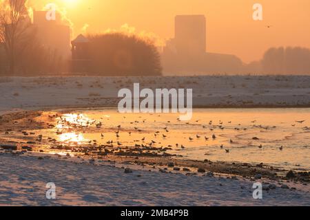 Ein verschneiter Sonnenuntergang am rhein mit dem Stahlwerk Thyssenkrupp im Hintergrund Stockfoto