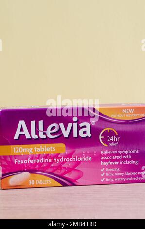 Packung mit Allevia Anti-Histamin-Hay-Fieber-Tabletten Stockfoto