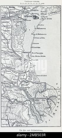 300,000, River Po, Adige, Venedig, Lido, Lagune, Größe, Kartografie, Umgebung, historische Illustration des 19. Jahrhunderts, Karte der Mündung des Pom und Stockfoto