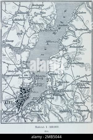 100, 000, Hauptstadt, Bezirke, Holtenau, Friedrichsort, Gaarden, Kiel Harbour, Kiel Fjord, Ostsee, Bahnlinien, Karte, Kartografie, Landschaft Stockfoto