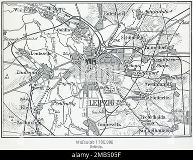 Stadtplan Leipzig, Sachsen, Deutschland, Stadt, Stadtplan, Kartografie, Eisenbahnlinien, Umgebung, historische Illustration aus dem 19. Jahrhundert Stockfoto