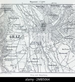 Stadt Graz, Stadtplan und Umgebung, Maßstab 1:75,000, Bezirke, Liebenau, Fluss Mur, Kartografie, Brütungen, Eisenbahnlinie Stockfoto