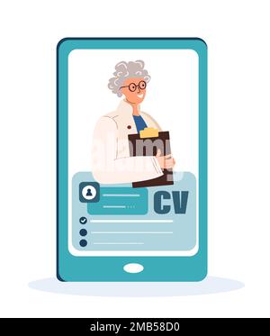 Personalbeschaffung,Konzept für Kandidat auswählen.Suchende alte Frau mit Online-Bewerbungsgespräch, Bewerber auf Smartphone-Bildschirm.Termin mit Stockfoto