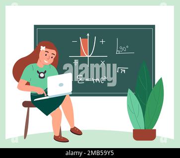 Schüler studieren und lernen Geometrie und Algebra in Laptop isoliert auf weißem Hintergrund.Online-Lektion in Laptop im Klassenzimmer in der Nähe des Schwarzen Bretts, Online Ed Stockfoto