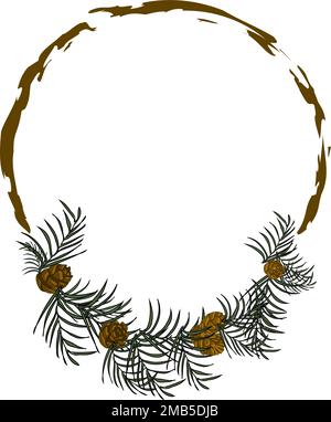 Unebener ovaler Segmentrahmen mit Kiefernästen und Zapfen für Neujahrs- und Weihnachtskarte Stock Vektor