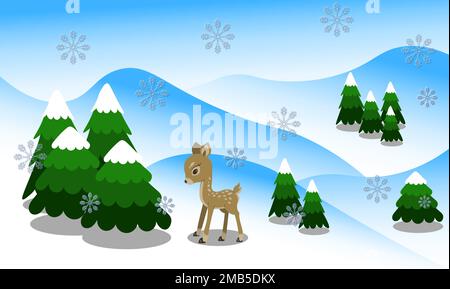 Neujahr und Weihnachten Hintergrund mit kleinen Hirsch unter Verschneiten Winterwald Stock Vektor