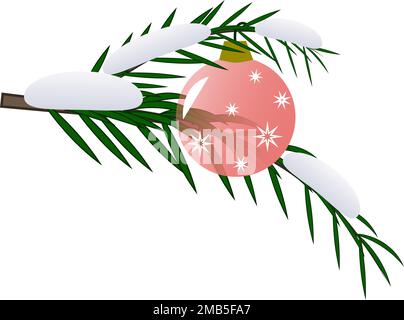 Transparentes pinkfarbenes Schmuckstück mit Sternen an Neujahr und Weihnachtsbaumzweigen Stock Vektor