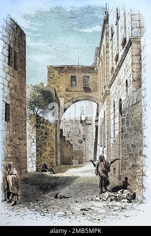 Via Dolorosa, Jerusalem 1878 Gravur aus dem Buch " Through Bible Lands : Notes of Travel in Egypt, the Desert, and Palestine " von Philip Schaff, 1819-1893 Publisher New York : American Trakt Society 1878 Stockfoto