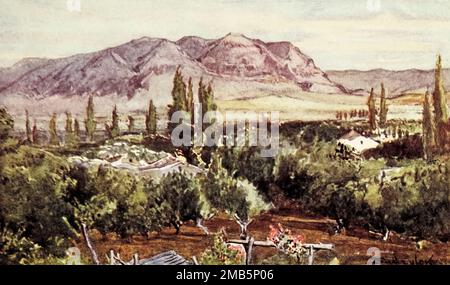 DER BERG DER VERSUCHUNG VON JERICHO gemalt von John Fulleylove aus dem Buch " das Heilige Land " beschrieben von John Kelman 1864-1929 Publisher 1902 Publisher London : A. & C. Black Stockfoto
