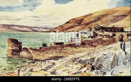 The Lake of Galilee, Look South from Tiberias Painted by John Fulleylove from the book " the Holy Land " described by John Kelman 1864-1929 Publisher 1902 Publisher London : A. & C. Black Stockfoto