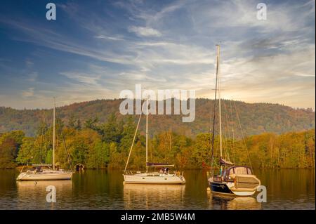 Drei Yachten liegen vor Anker, während die Herbstsonne über Lake Windermere, Cumbria, Großbritannien, untergeht. Stockfoto