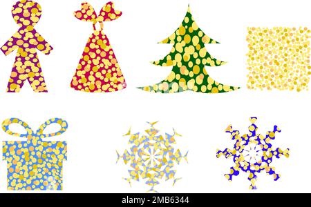 Set aus leuchtend strukturierten Silvester- und Weihnachtsfiguren mit goldenen Pailletten Stock Vektor
