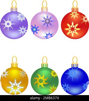Set aus fotorealistischen weihnachtsbällen, dekoriert mit Schneeflocken auf transparentem Hintergrund Stock Vektor