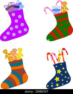 Set aus bedruckten Weihnachtsgeschenken Socken weihnachtsstrumpf gefüllt mit Geschenkschachteln, Lebkuchenmann und Zuckerrohr Stock Vektor